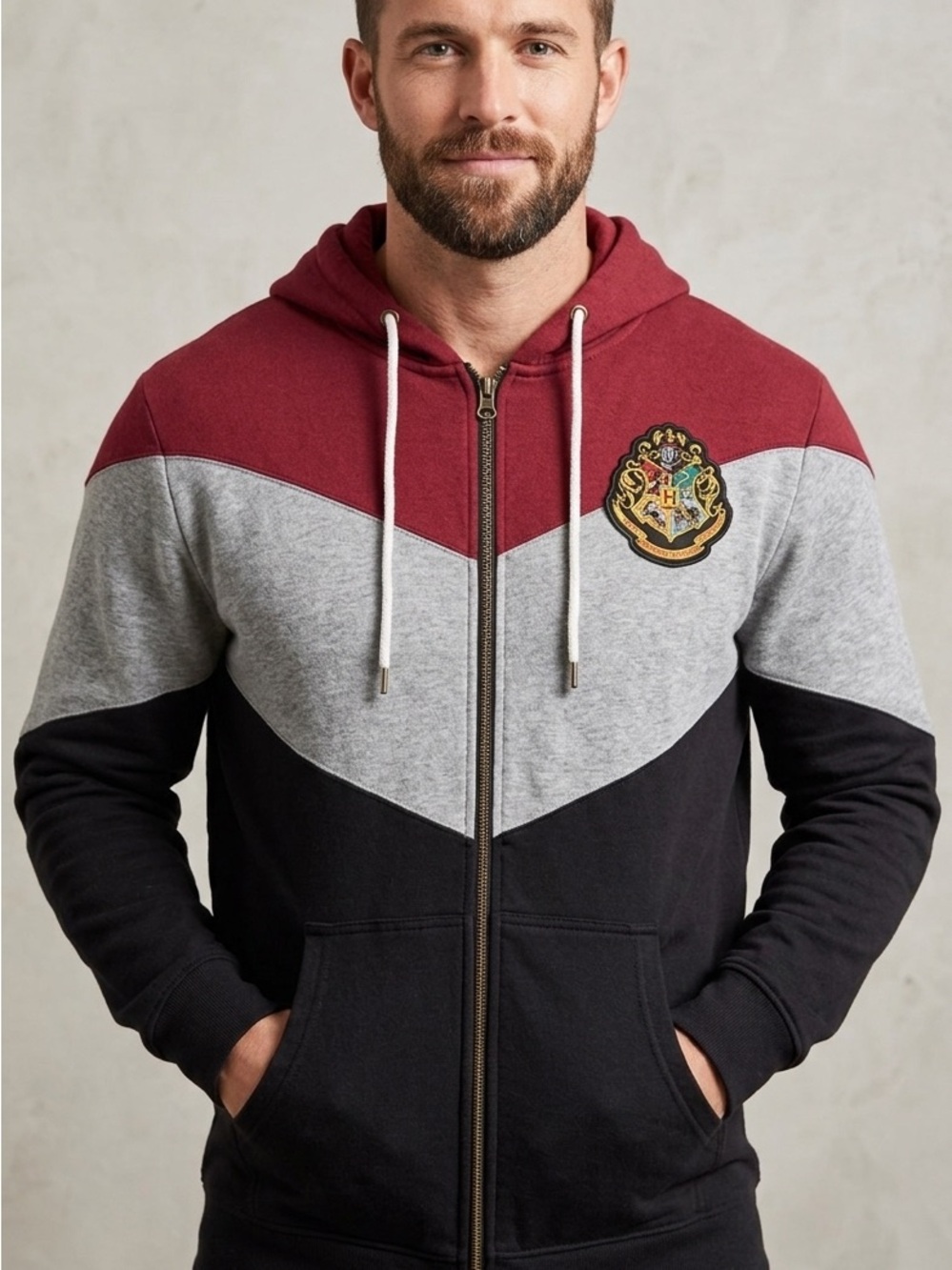 Harry Potter Hogwarts Crest Colorblock Zip Up Hoodie Men's Size 2X Chevron